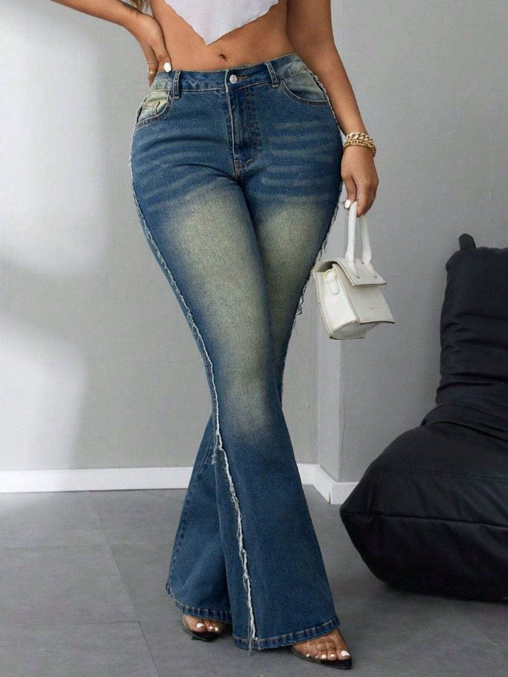 Side Raw Hem Flare Jeans - Trendsi - Flyclothing LLC