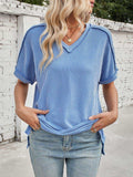 Cord Ribbed V-Neck Short Sleeve T-Shirt - Trendsi - Flyclothing LLC