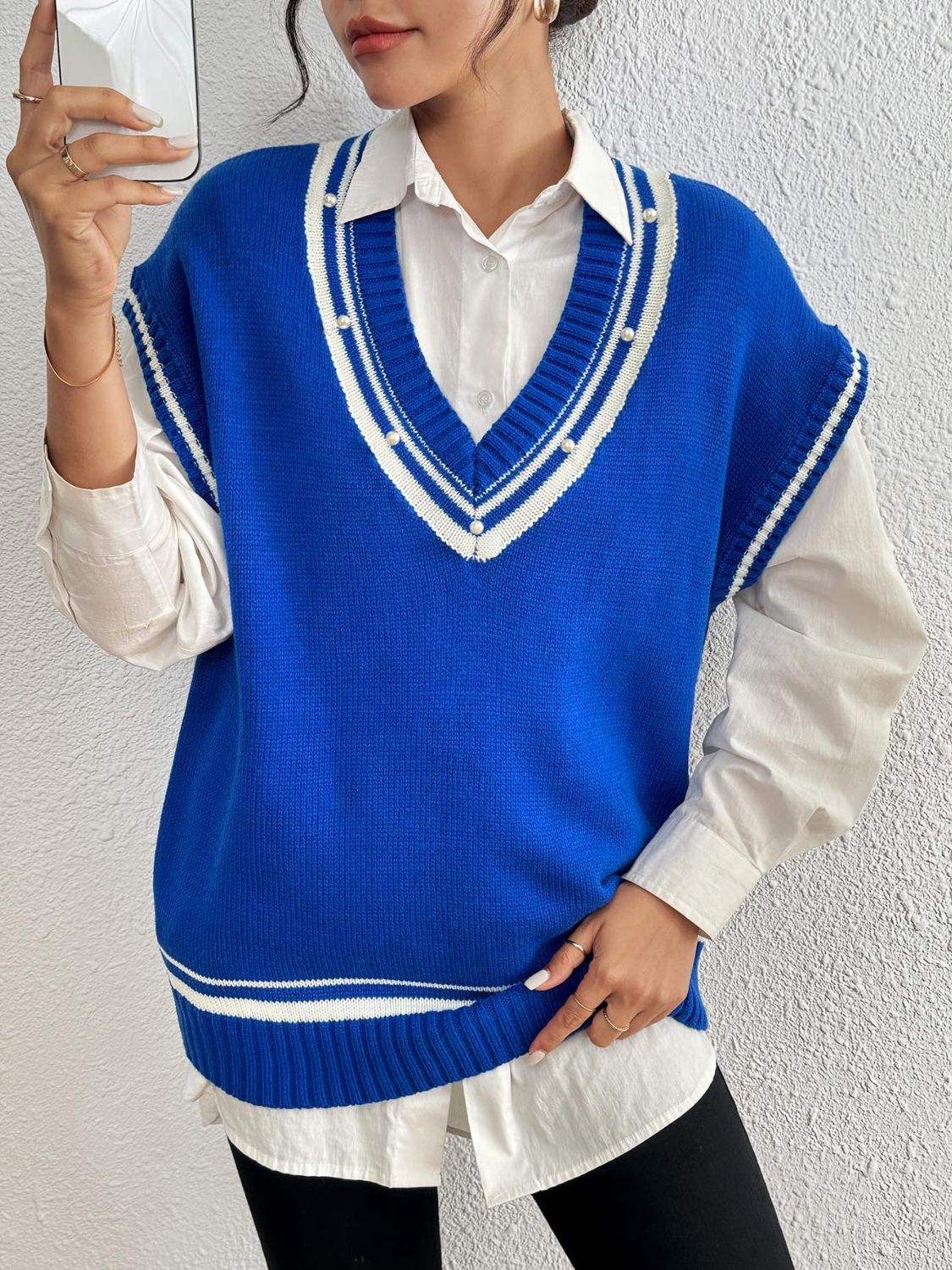 Pearl Trim Contrast V-Neck Sweater Vest - Trendsi - Flyclothing LLC