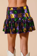 SO ME Mardi Gras Checker Sequins Mini Skirt - Trendsi - Flyclothing LLC