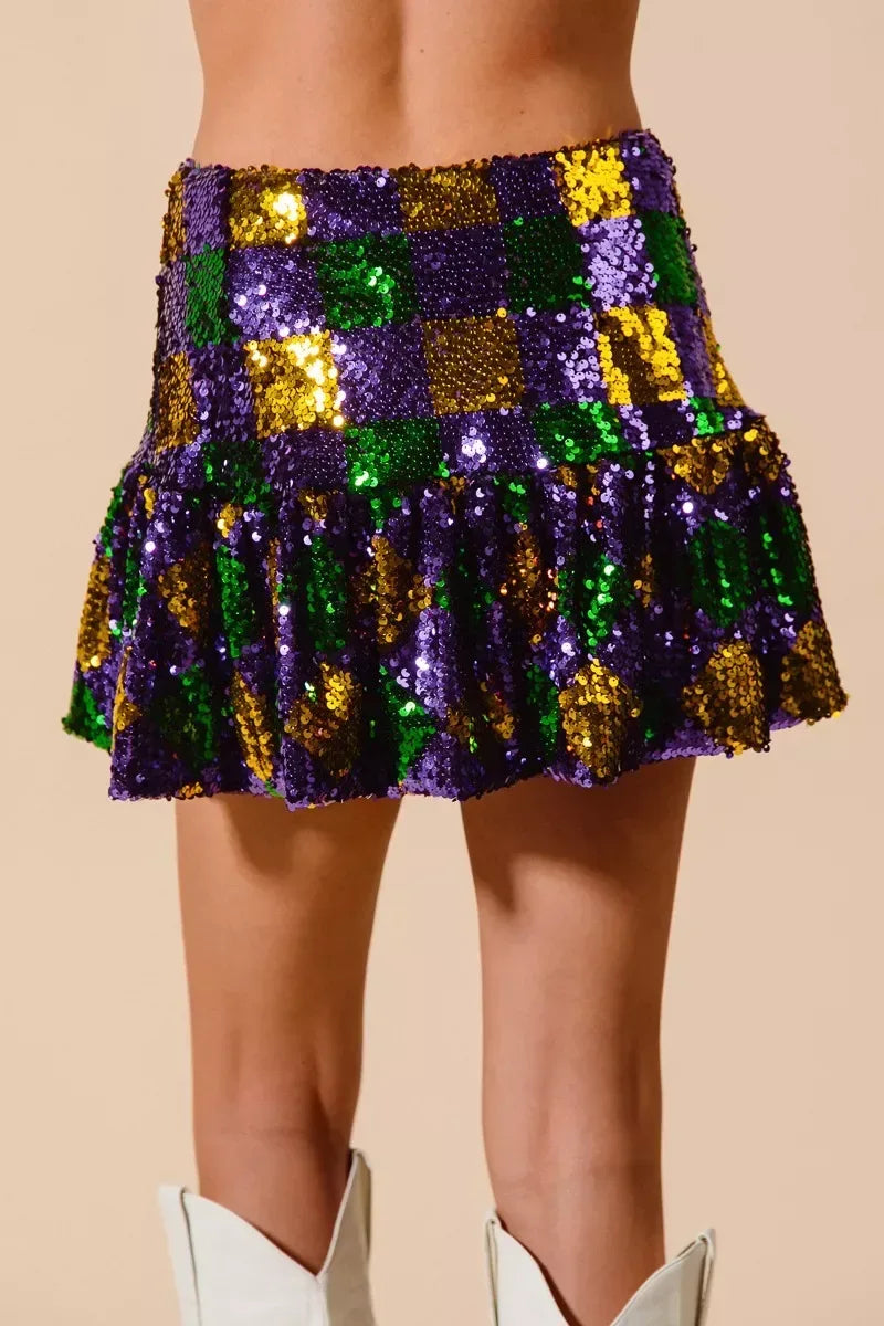 SO ME Mardi Gras Checker Sequins Mini Skirt - Trendsi - Flyclothing LLC
