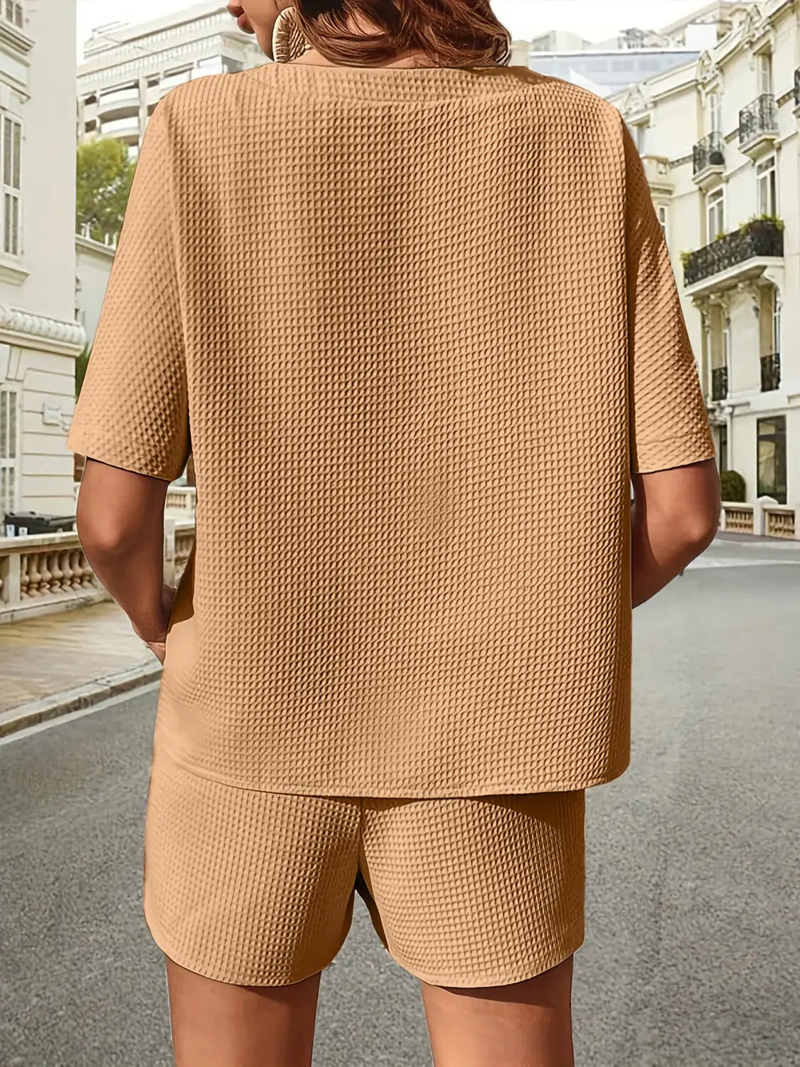 Waffle-Knit Half Sleeve Top and Shorts Set - Trendsi - Flyclothing LLC