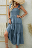 Smocked Tiered Midi Dress with Tie Straps - Trendsi