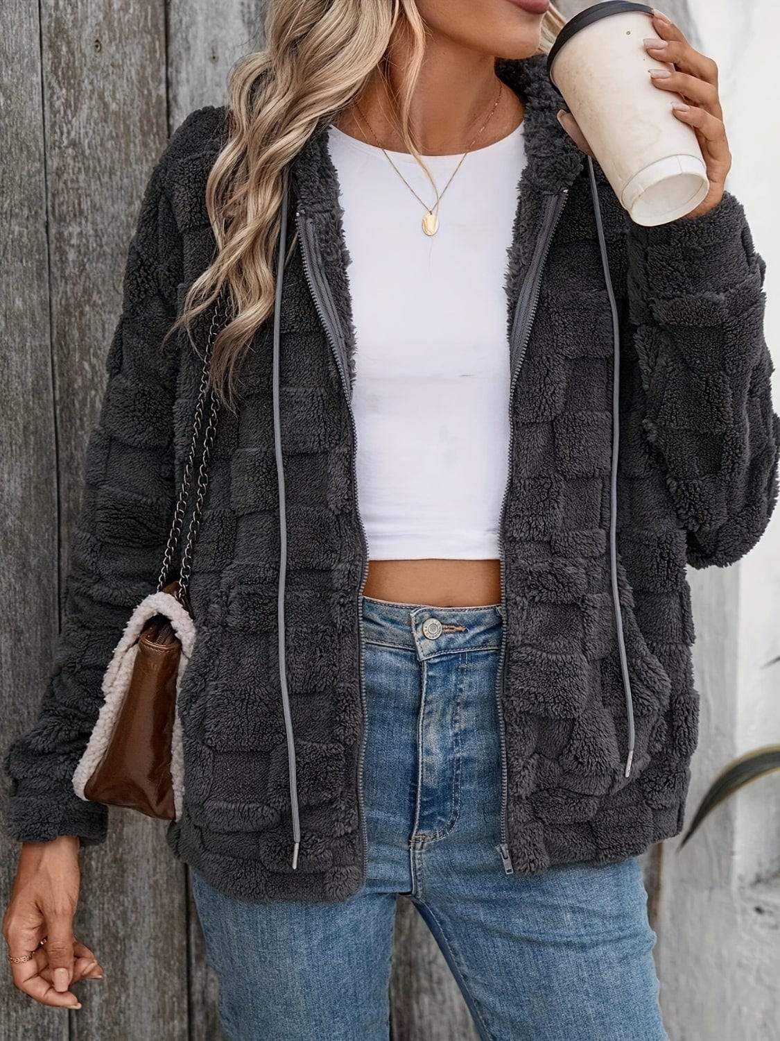 Checkered Texture Zip Up Drawstring Fuzzy Jacket - Trendsi - Flyclothing LLC