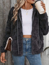 Checkered Texture Zip Up Drawstring Fuzzy Jacket - Trendsi - Flyclothing LLC