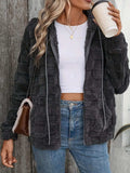 Checkered Texture Zip Up Drawstring Fuzzy Jacket - Trendsi - Flyclothing LLC