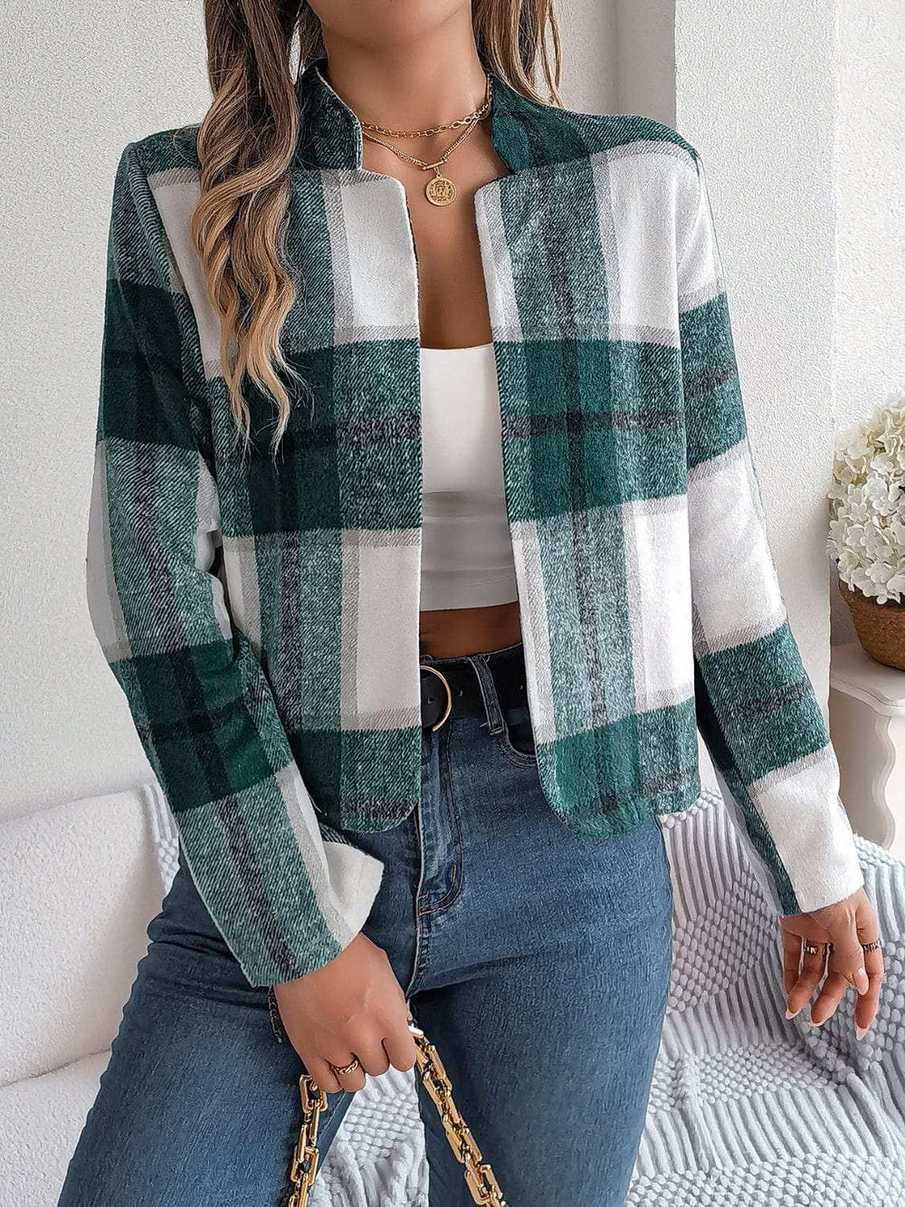 Plaid Open Front Long Sleeve Jacket - Trendsi - Flyclothing LLC