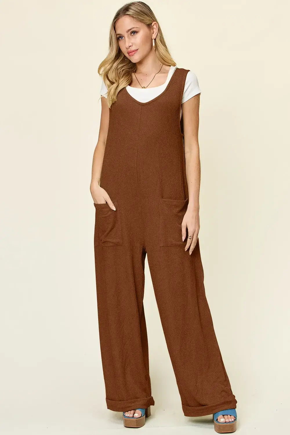 Double Take Full Size Texture Sleeveless Wide Leg Jumpsuit - Trendsi - Flyclothing LLC