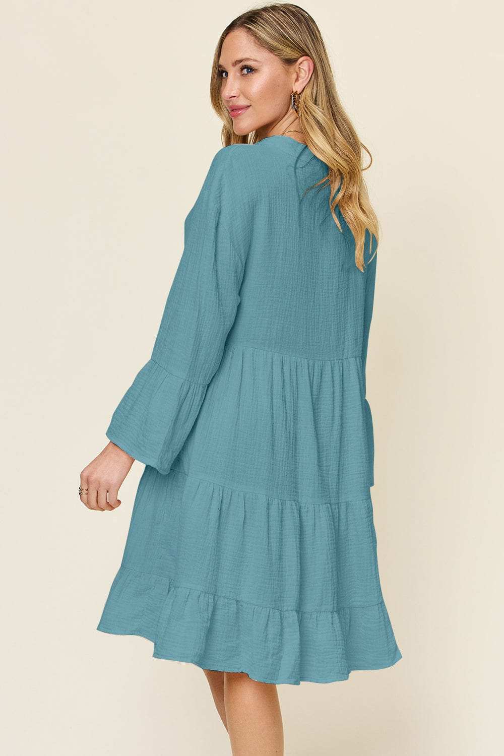 Double Take Full Size Texture Button Up Ruffle Hem Dress - Trendsi - Flyclothing LLC