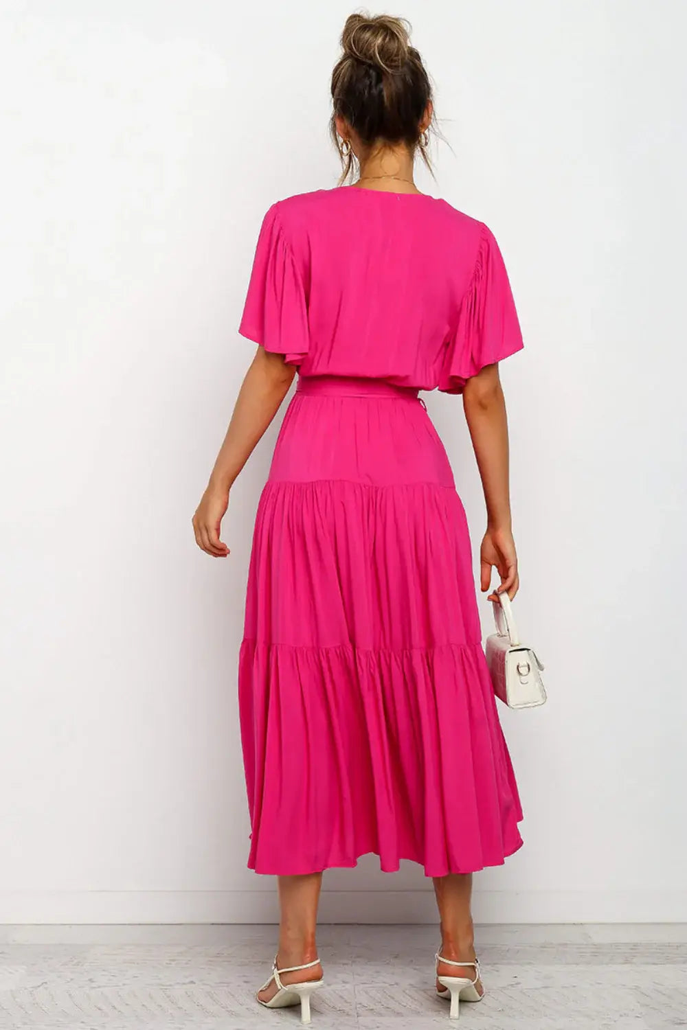 Tied Tiered Short Sleeve Midi Dress - Trendsi - Flyclothing LLC