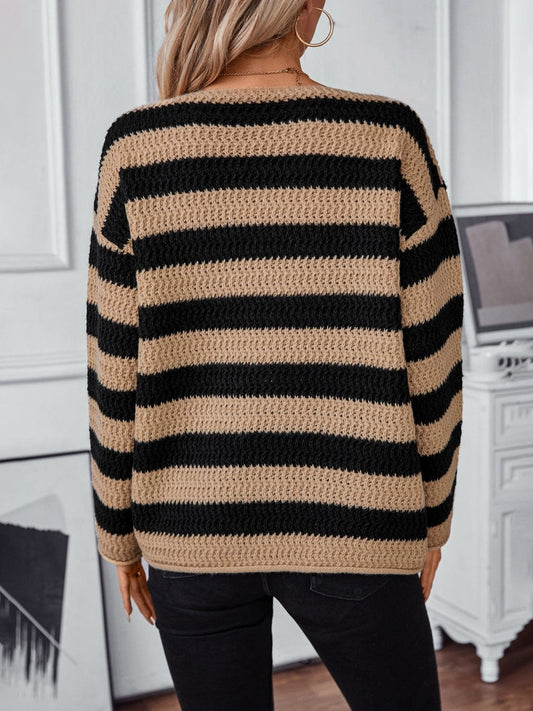 Striped Dropped Shoulder Long Sleeve Sweater - Trendsi