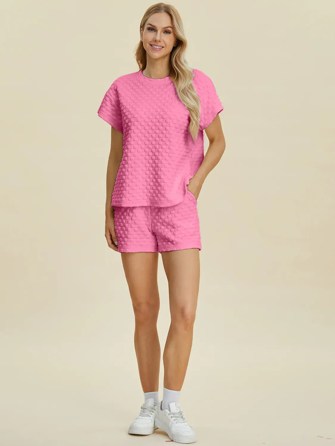 Double Take Full Size Texture T-Shirt and Shorts Set - Trendsi - Flyclothing LLC