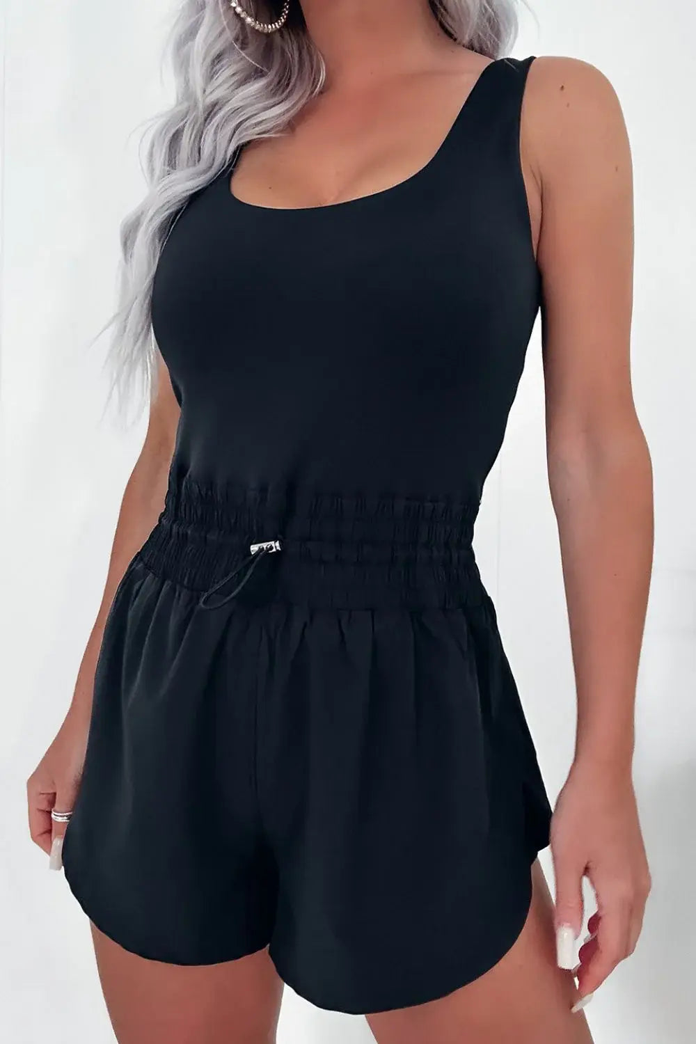 Drawstring Waist Scoop Neck Romper - Trendsi - Flyclothing LLC