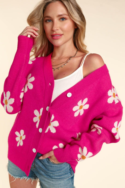 Haptics Full Size Daisy Floral Button Down Long Sleeve Cardigan - Trendsi