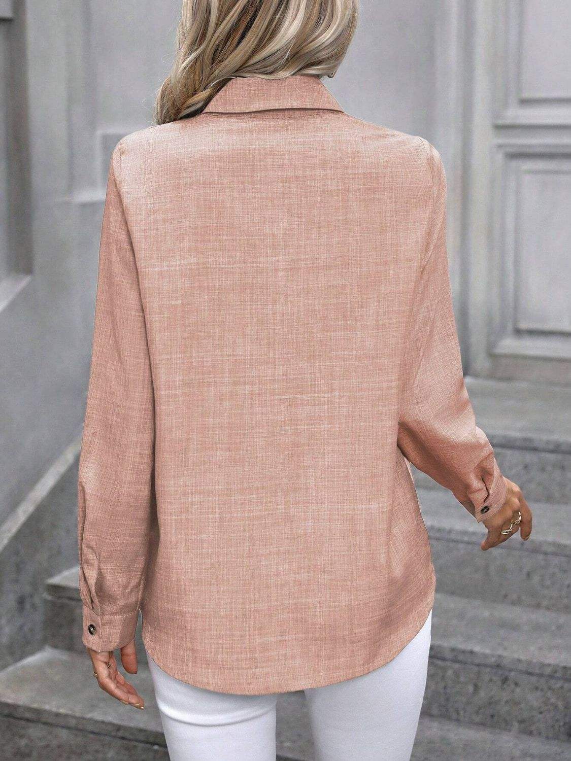Button Up Collared Neck Long Sleeve Shirt - Trendsi - Flyclothing LLC