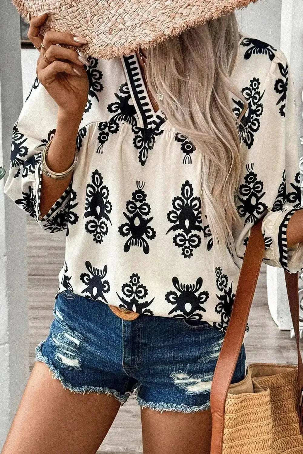 Printed V-Neck Three-Quarter Sleeve Blouse - Trendsi - Flyclothing LLC