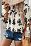 Printed V-Neck Three-Quarter Sleeve Blouse - Trendsi - Flyclothing LLC