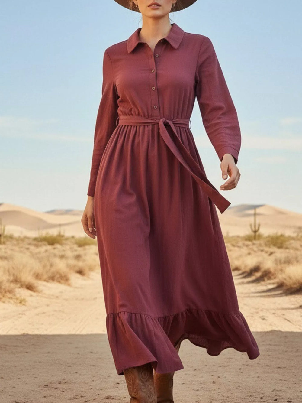 Tie Waist Long Sleeve Ruffled Hem Dress - Trendsi - Flyclothing LLC