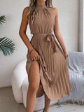 Grecian Neck Tie Waist Pleated Dress - Trendsi - Flyclothing LLC