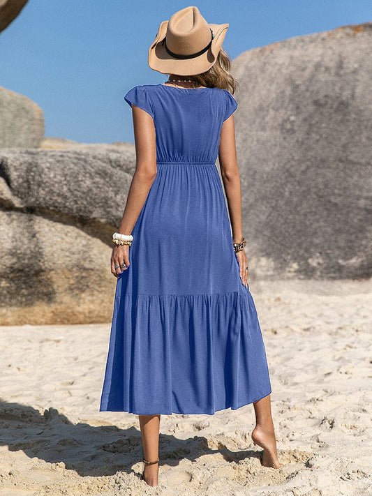 Embroidered Square Neck Cap Sleeve Dress - Trendsi