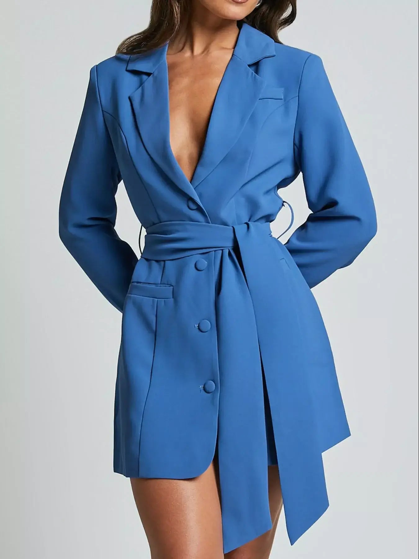 Lapel Collar Tie Waist Blazer - Trendsi - Flyclothing LLC