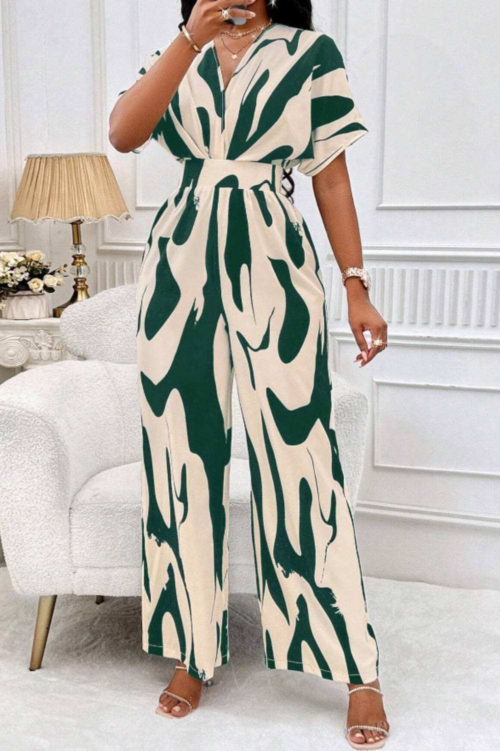Printed V-Neck Short Sleeve Wide Leg Jumpsuit - Trendsi - Flyclothing LLC