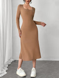 Square Neck Long Sleeve Midi Wrap Dress - Trendsi