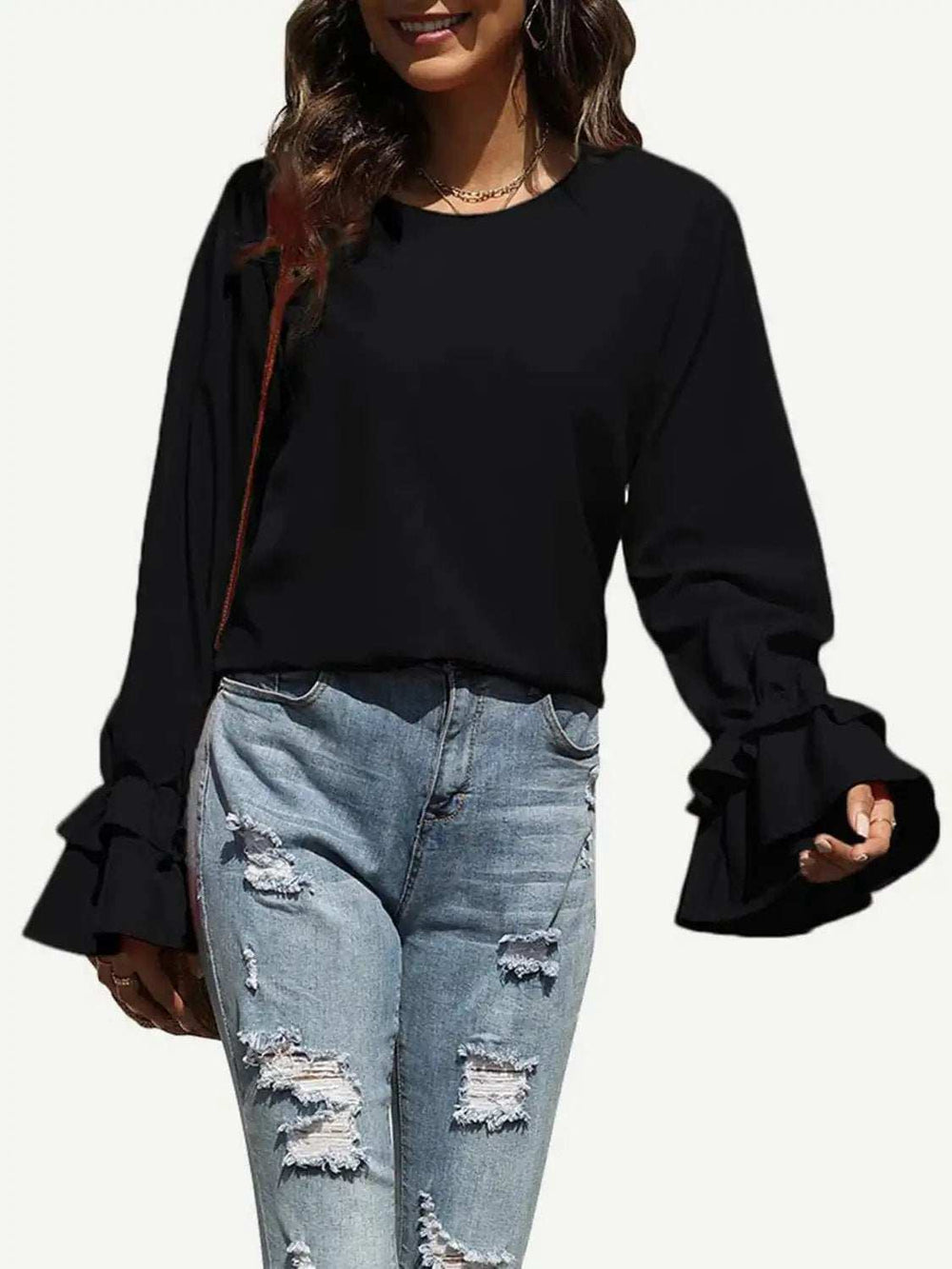 Round Neck Double-Layered Flounce Sleeve Top - Trendsi - Flyclothing LLC
