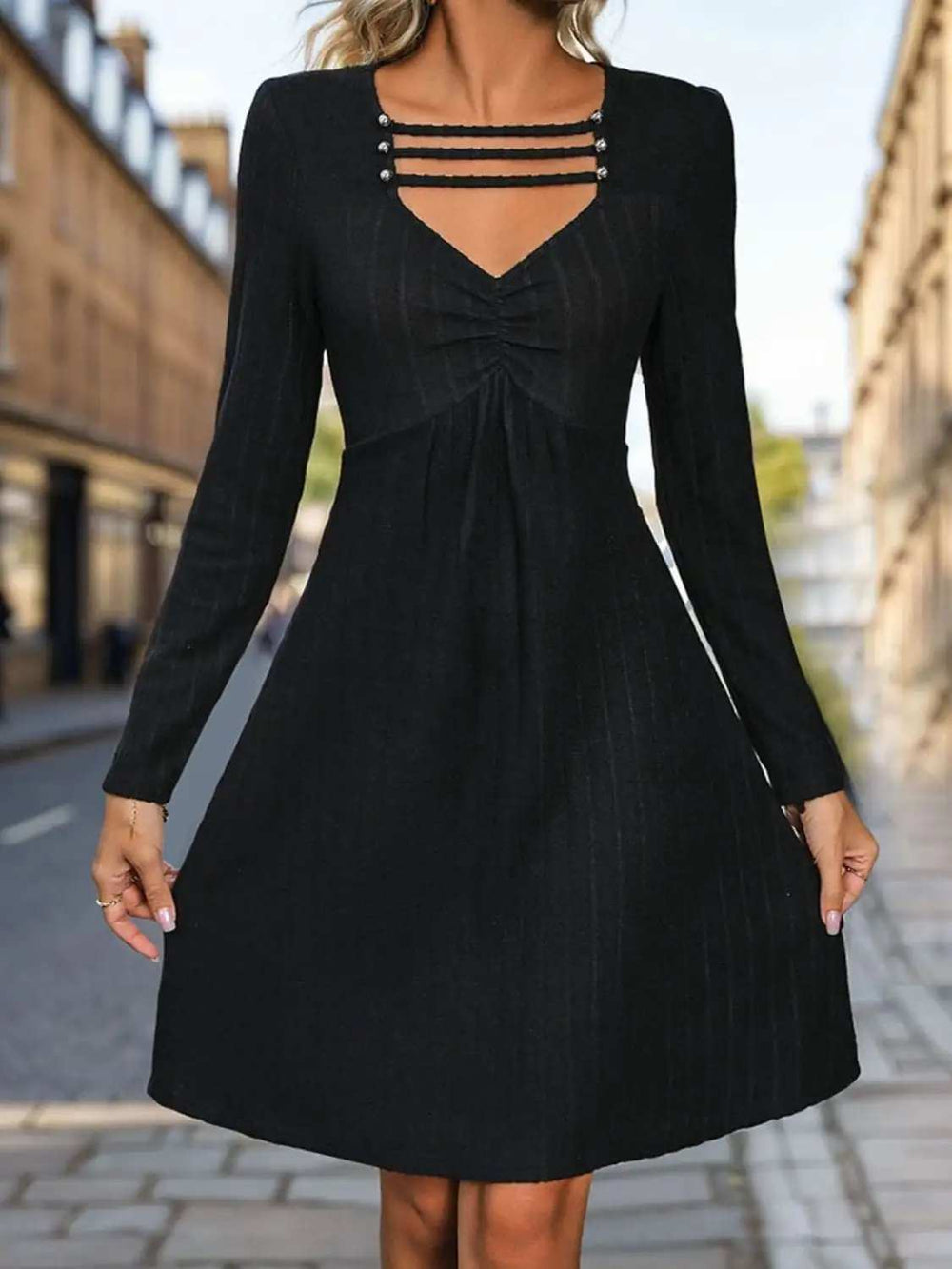 Cutout Long Sleeve Knee Length Dress - Trendsi - Flyclothing LLC