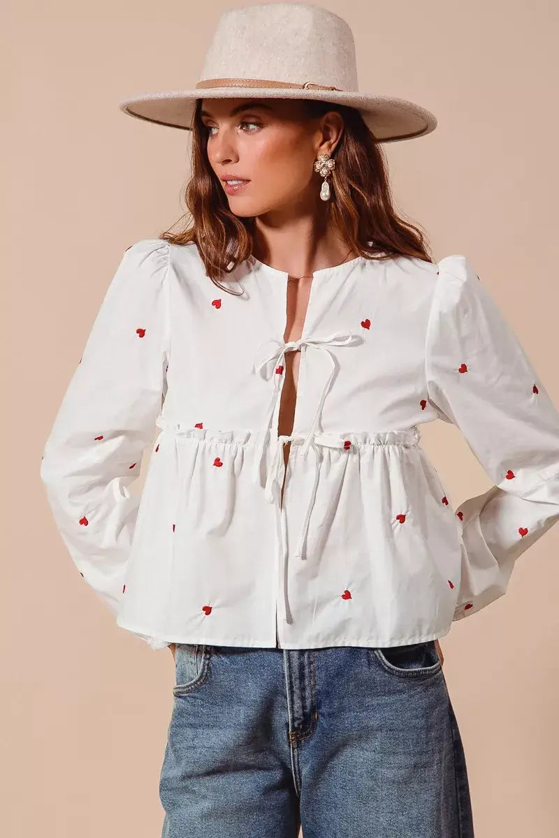 SO ME Front Tie Heart Embroidered Blouse With Puff Sleeve - Trendsi - Flyclothing LLC
