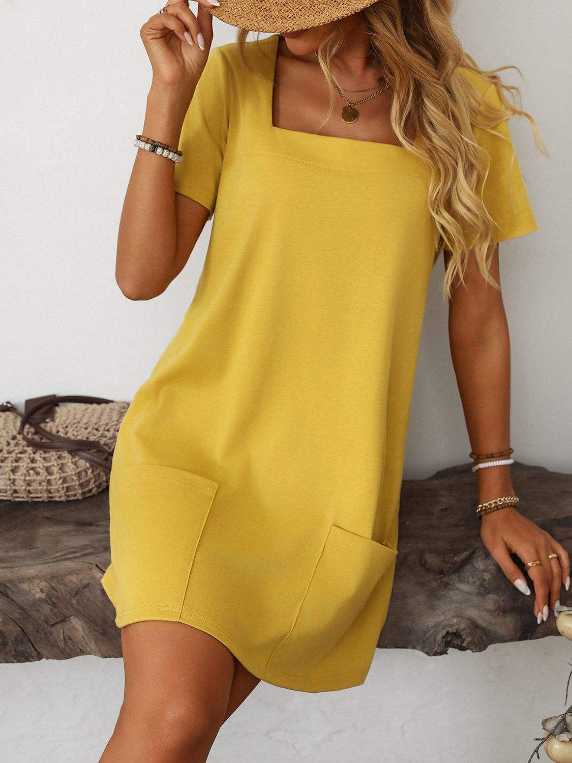 Mandy Square Neck Short Sleeve Mini Dress - Trendsi - Flyclothing LLC