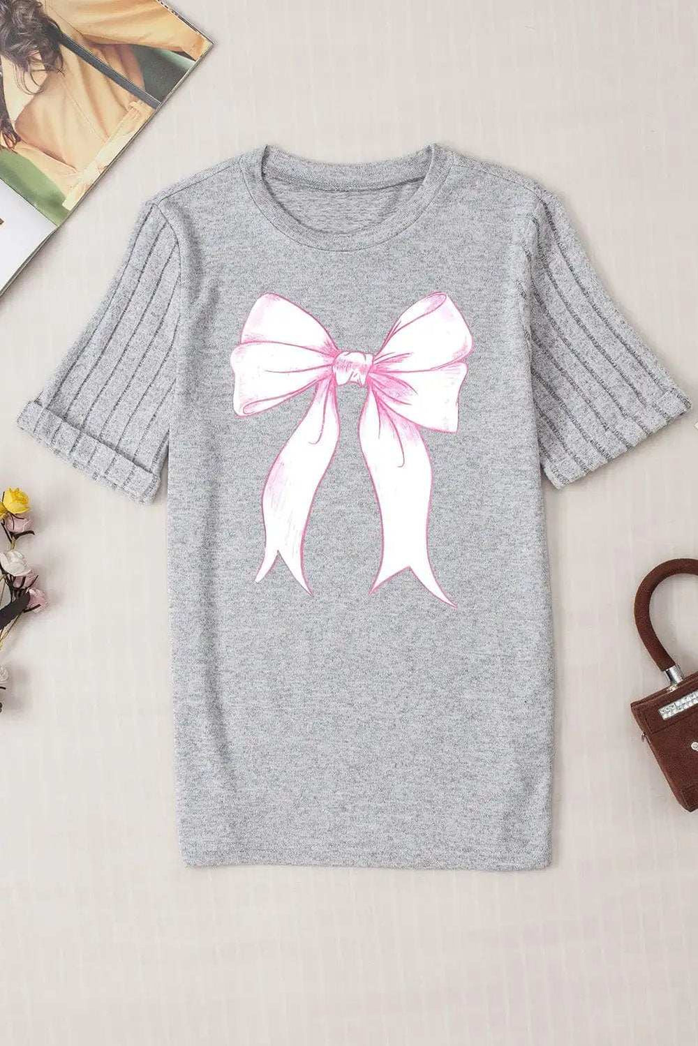 Bow Graphic Round Neck Short Sleeve T-Shirt - Trendsi - Flyclothing LLC