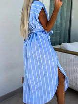 Striped Tie Waist Short Sleeve Dress - Trendsi - Flyclothing LLC