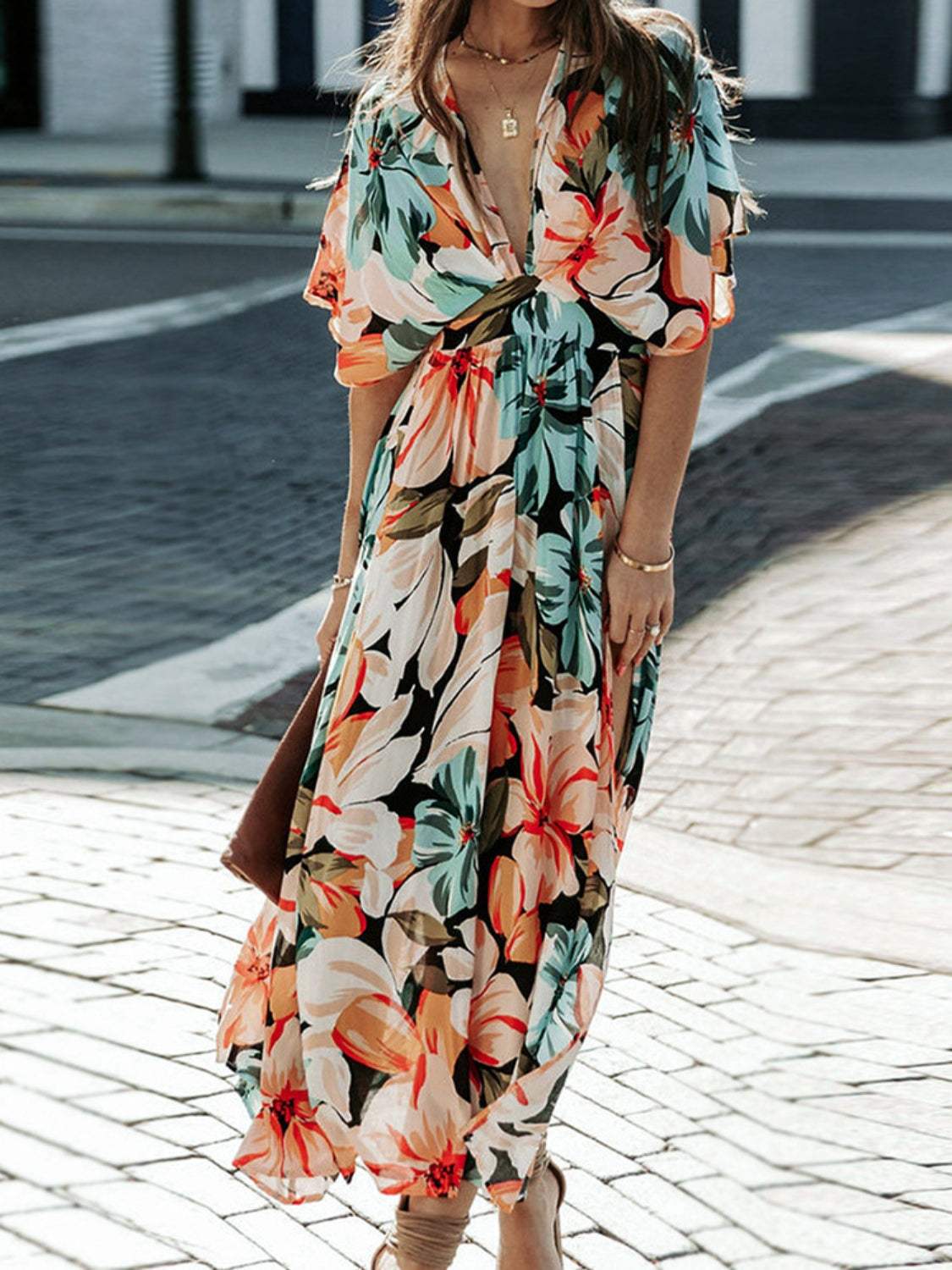 Floral Plunge Half Sleeve Dress - Trendsi - Flyclothing LLC