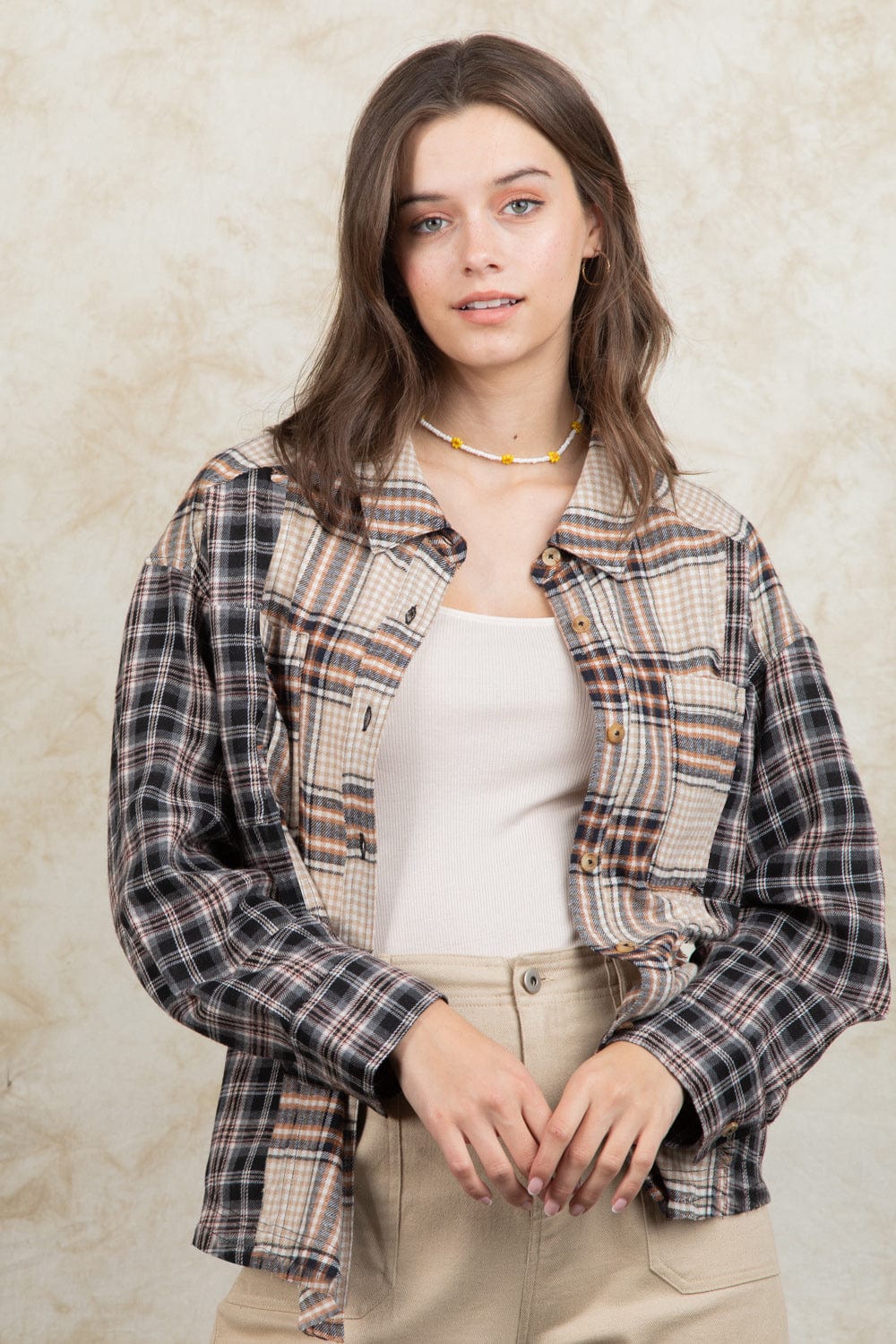 Plaid Collared Neck Button Up Long Sleeve Shirt - Trendsi