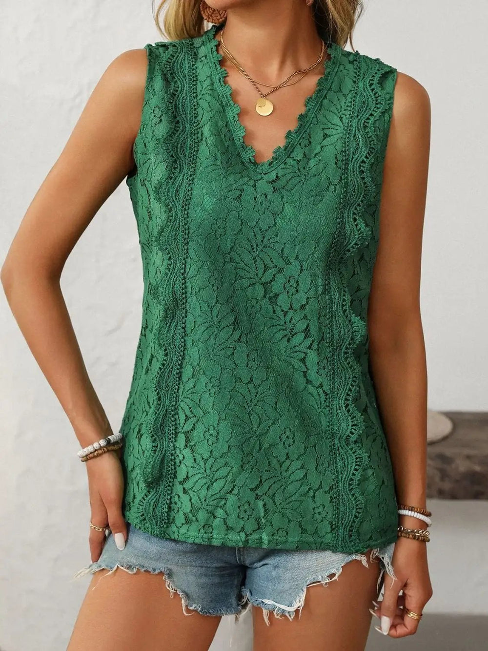 Mandy Lace V-Neck Tank - Trendsi