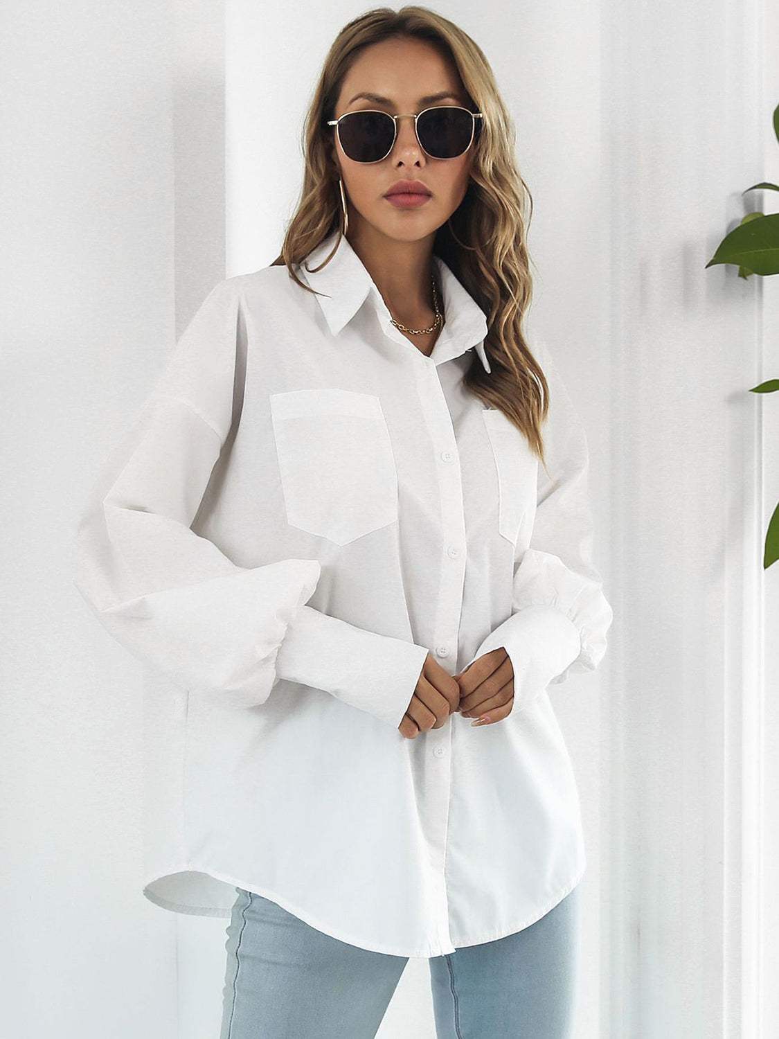 Button Up Dropped Shoulder Lantern Sleeve Shirt - Trendsi - Flyclothing LLC