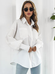 Button Up Dropped Shoulder Lantern Sleeve Shirt - Trendsi