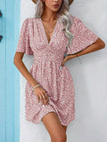 Printed V-Neck Half Sleeve Mini Dress - Trendsi - Flyclothing LLC