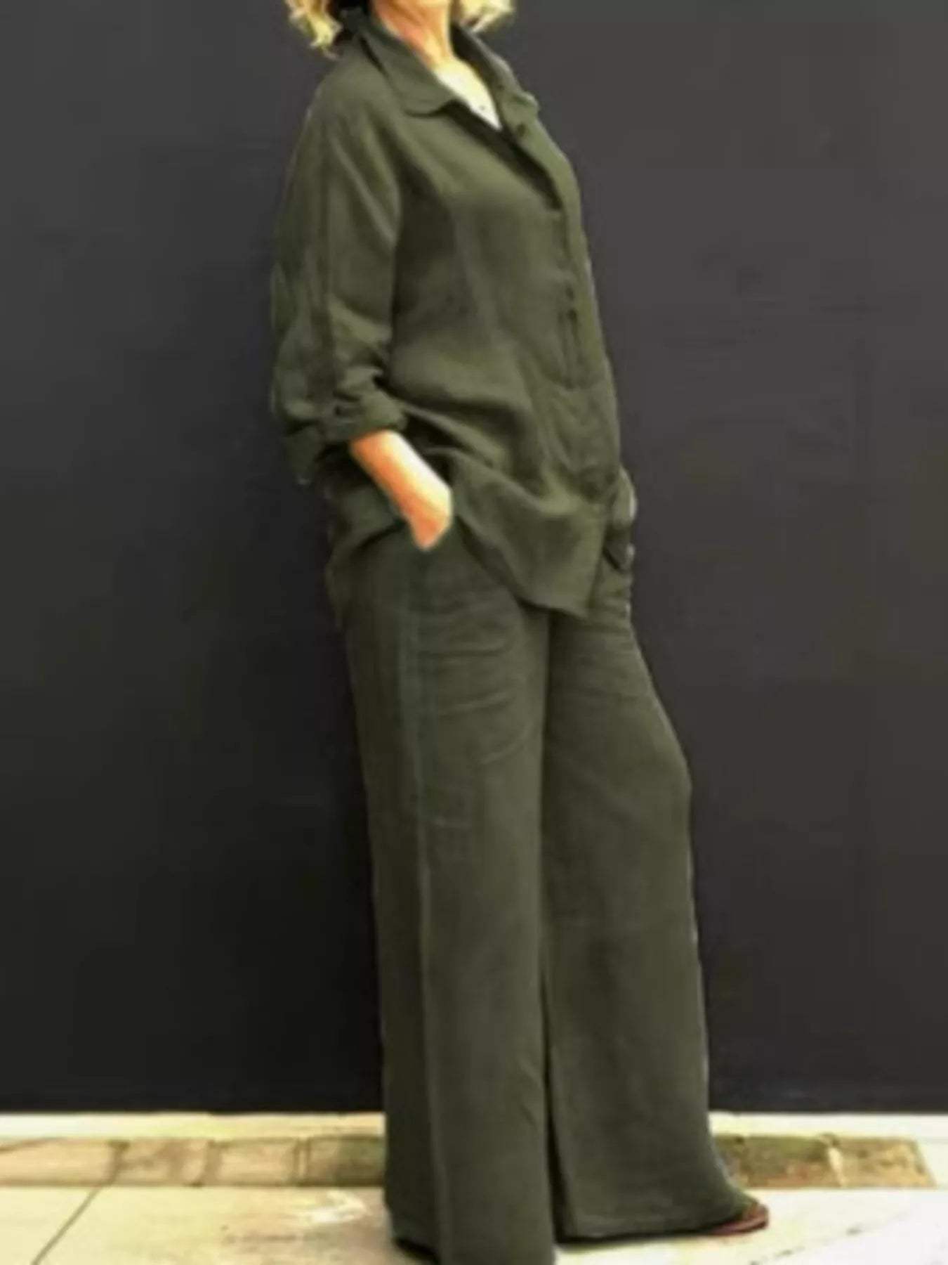 Full Size Long Sleeve Shirt and Pants Set Plus Size - Trendsi - Flyclothing LLC