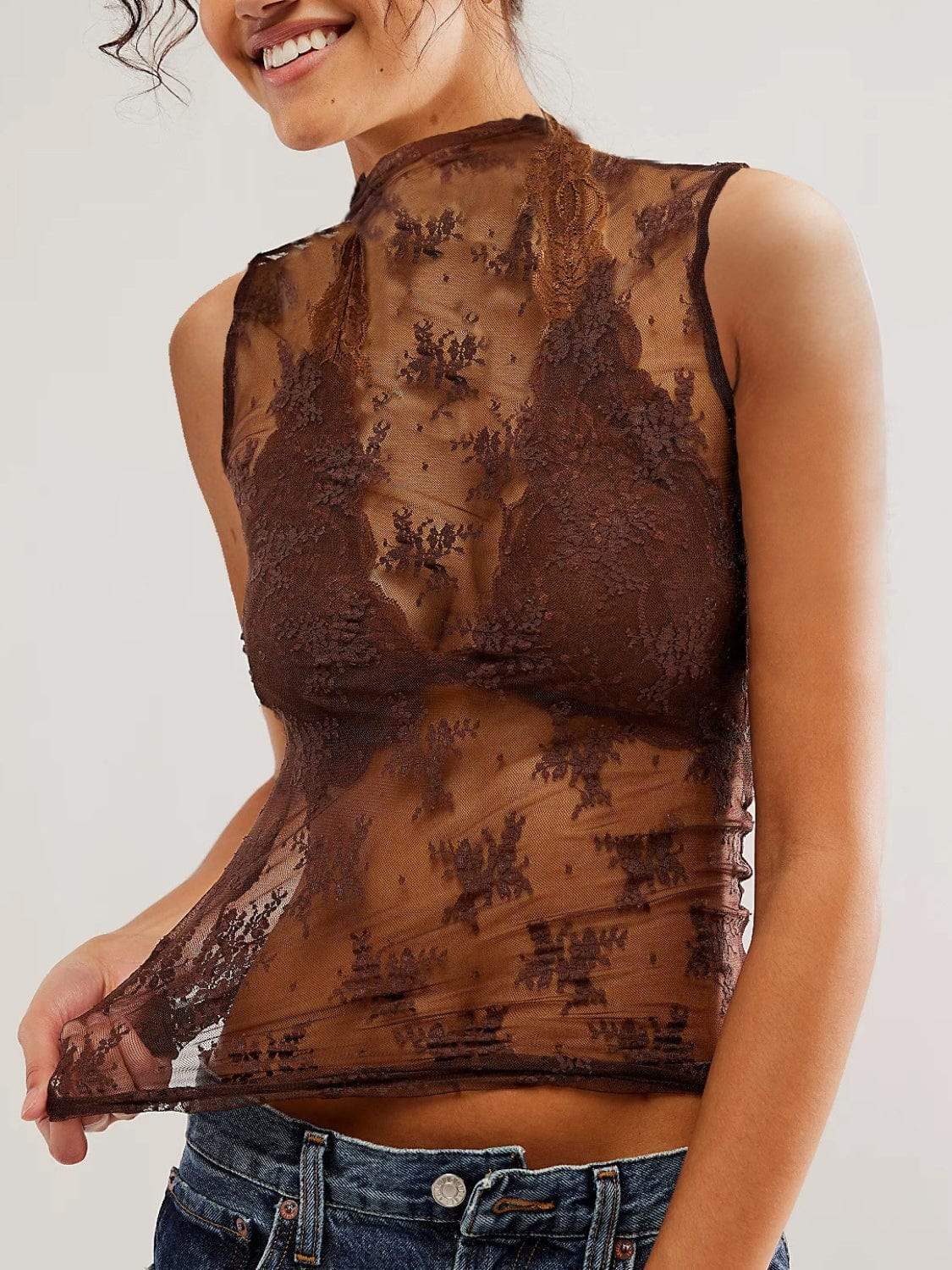Lace Mock Neck Top - Trendsi - Flyclothing LLC