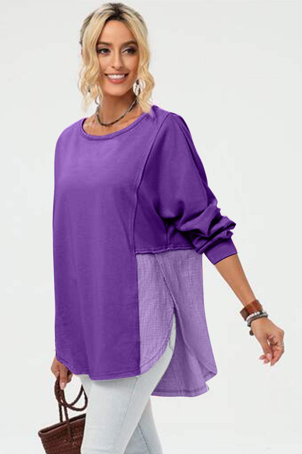 Double Take Full Size Long Sleeve High-Low T-Shirt - Trendsi - Flyclothing LLC
