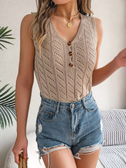 Openwork V-Neck Knit Vest - Trendsi