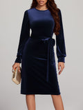 Round Neck Tie Waist Long Sleeve Velvet Dress - Trendsi