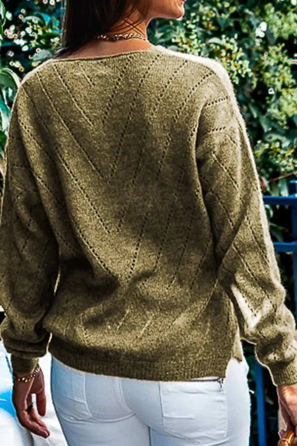 Openwork V-Neck Long Sleeve Sweater - Trendsi - Flyclothing LLC