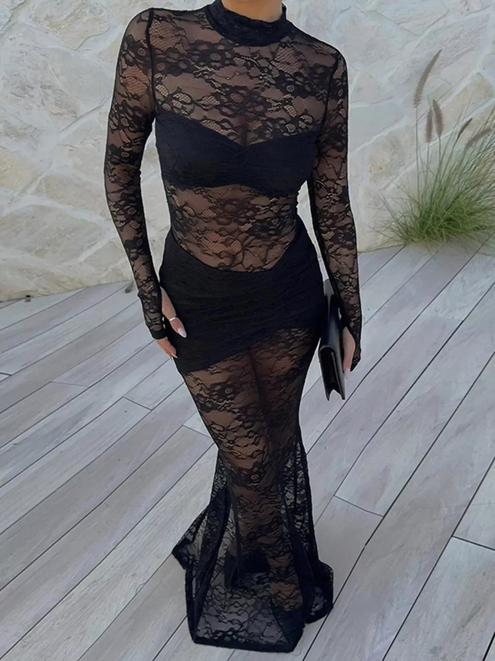 Lace Sheer Mock Neck Long Sleeve Maxi Dress - Trendsi - Flyclothing LLC