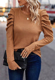 Decorative Button Round Neck Puff Sleeve Blouse - Trendsi