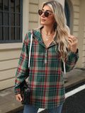 Drawstring Plaid Hooded Long Sleeve Top - Trendsi - Flyclothing LLC