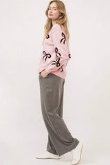 Bow Pattern Round Neck Loose Fit Sweater - Trendsi - Flyclothing LLC