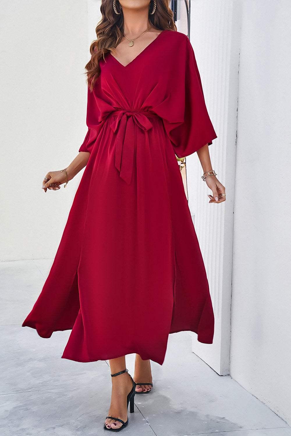 Slit Tied V-Neck Three-Quarter Sleeve Dress - Trendsi - Flyclothing LLC